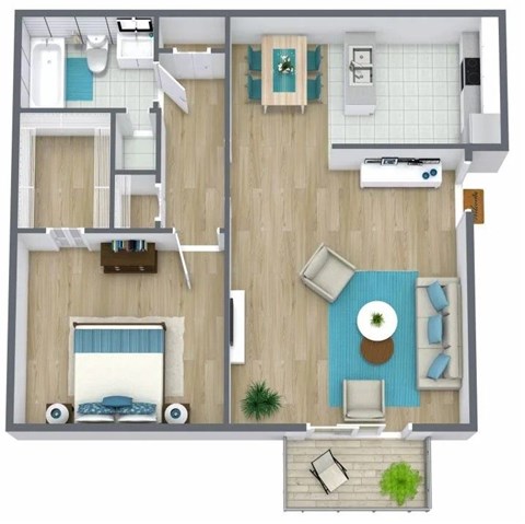 A floor plan of a house with a living room, kitchen, and two bedrooms.